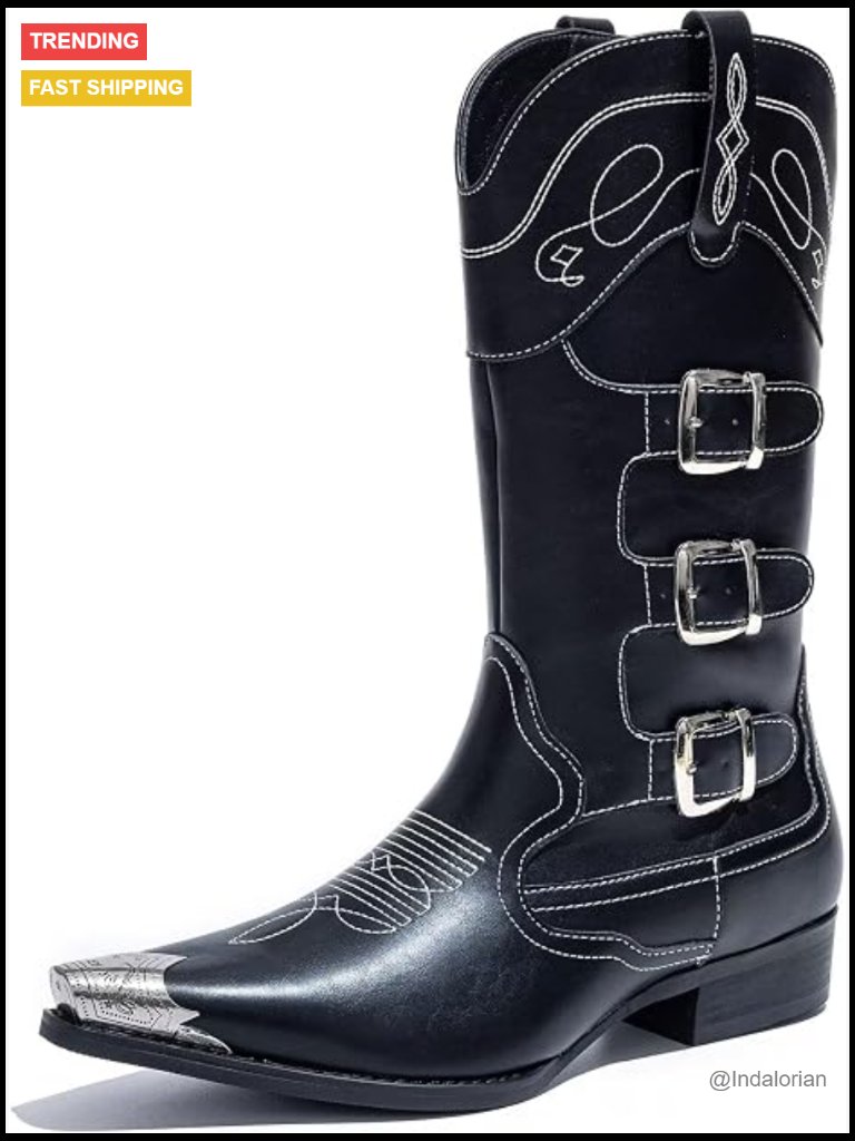 Western Cowboy Boots With Triple Buckle Straps, Pointed Toe, Durable Leather